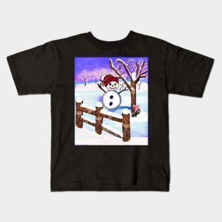 Snowman wearing winter hat  in tranquil winter scenery Kids T-Shirt